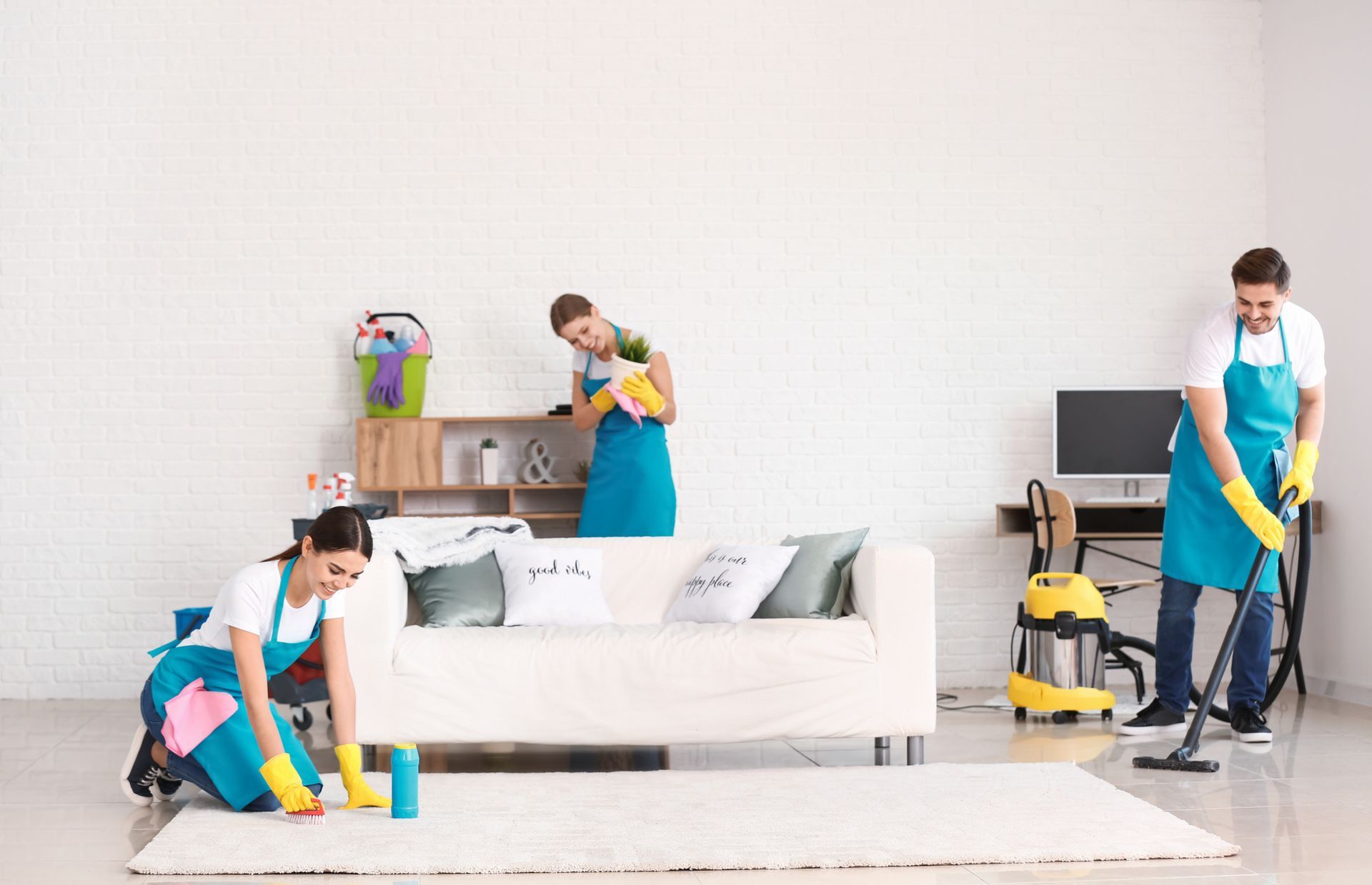 Cleaner performing detailed deep cleaning in a modern room